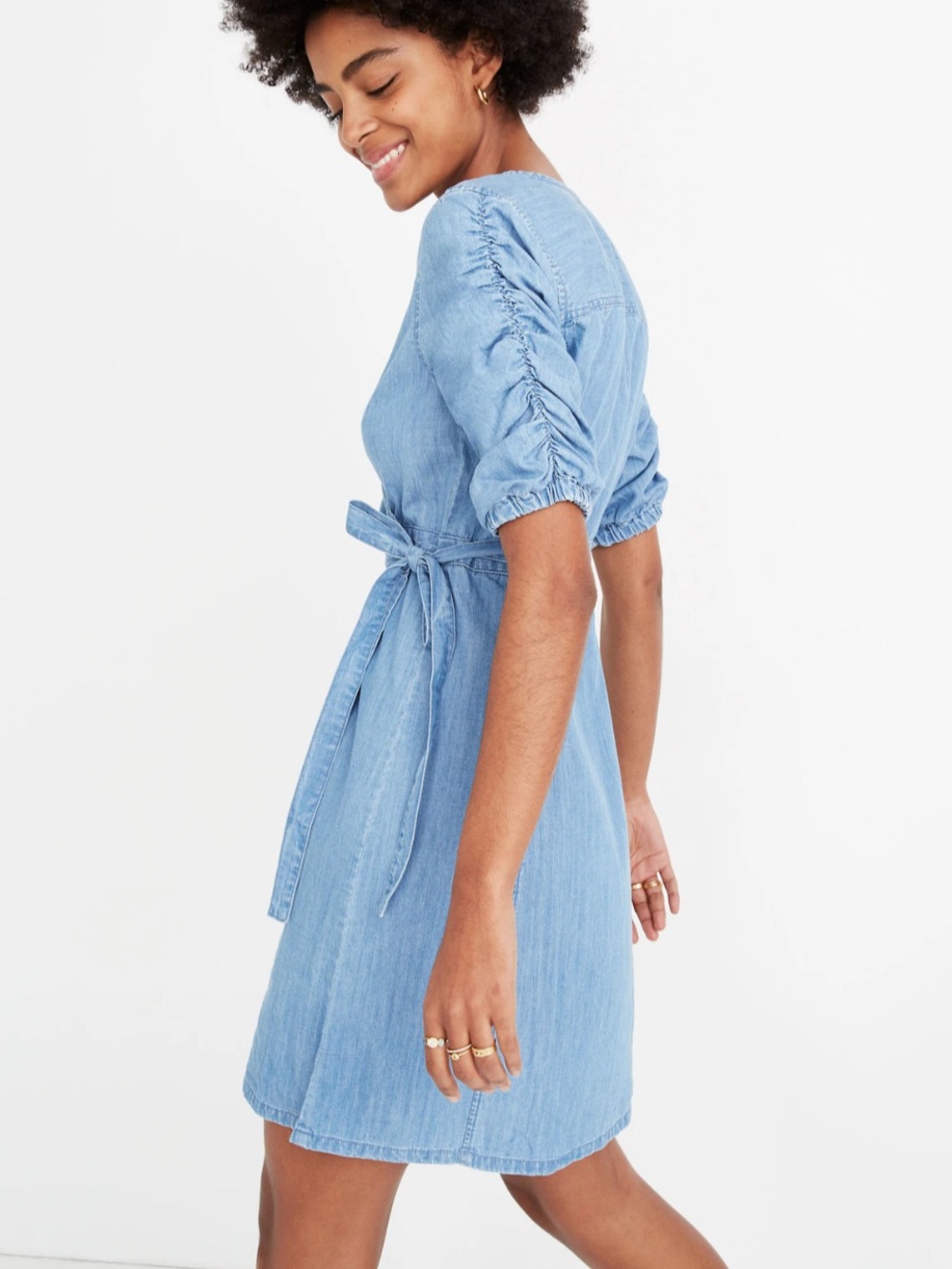 Madewell Denim Shirred-Sleeve Wrap Dress in Elsworth Wash